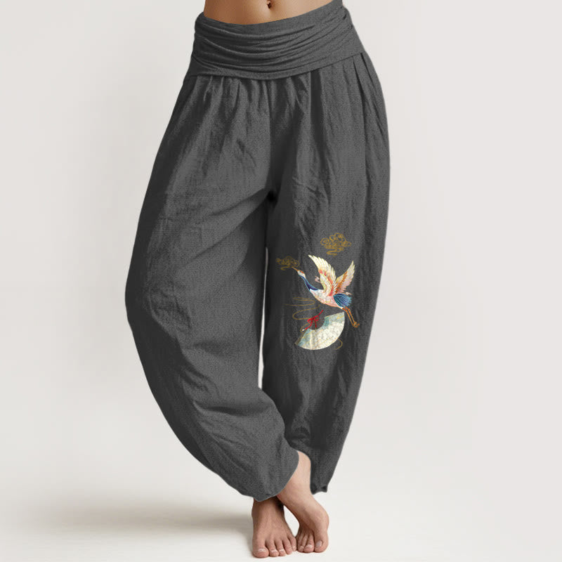 Buddha Stones Crane Folding Fan Auspicious Clouds Pattern Women's Elastic Waist Harem Cotton Pants - DimGray - US16，UK/AU20，EU48 (3XL) - image 5