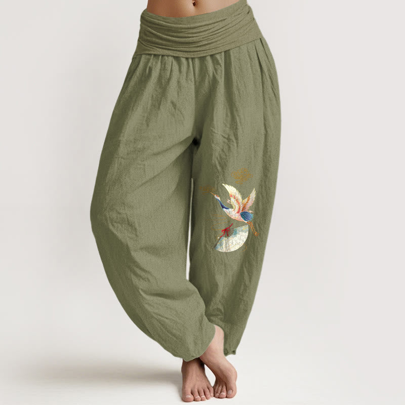 Buddha Stones Crane Folding Fan Auspicious Clouds Pattern Women's Elastic Waist Harem Cotton Pants - OliveDrab - US16，UK/AU20，EU48 (3XL) - image 11