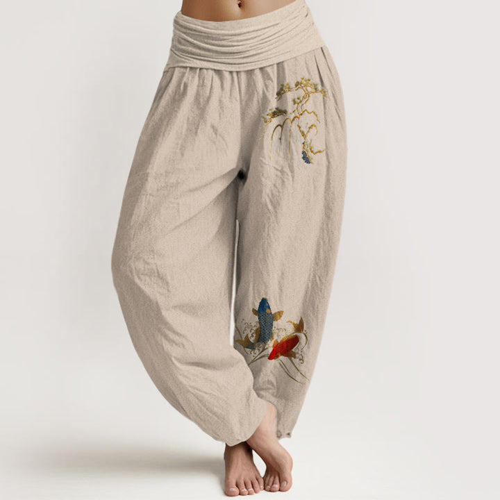 Buddha Stones Pure Cotton Pine Tree Koi Fish Pattern Women's Elastic Waist Harem Pants - Tan - US16，UK/AU20，EU48 (3XL) - image 11