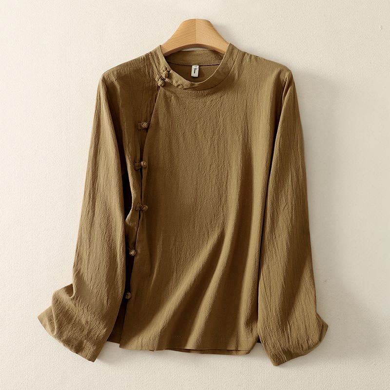 Buddha Stones Asymmetrical Front Frog-button Long Sleeve Women's Cotton Shirt - image 1