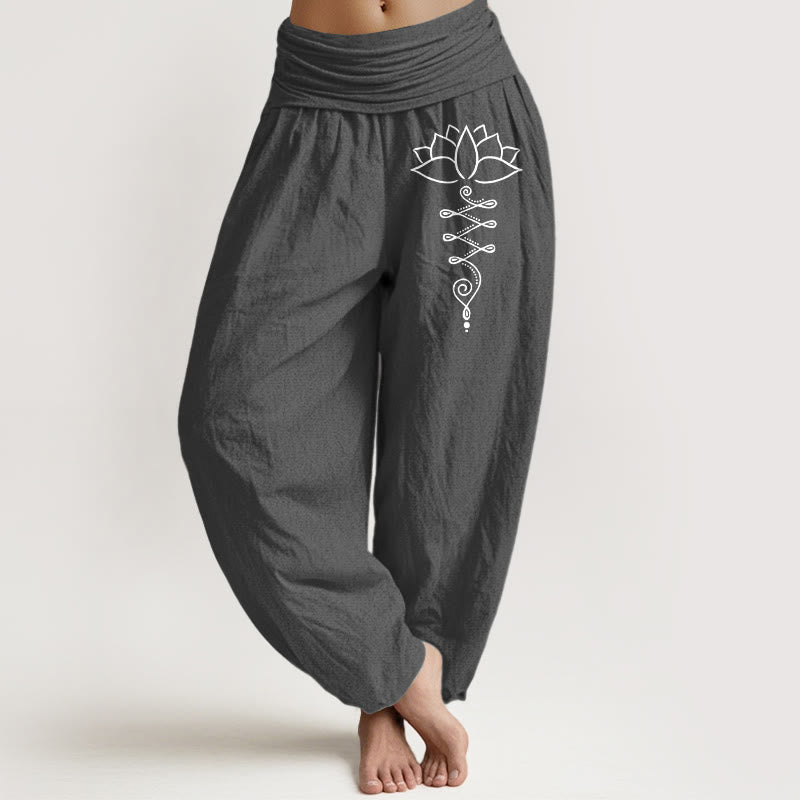Buddha Stones Unalome Symbol Lotus Flower Pattern Women's Elastic Waist Harem Cotton Pants - DimGray - US16，UK/AU20，EU48 (3XL) - image 0
