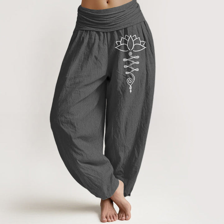 Buddha Stones Unalome Symbol Lotus Flower Pattern Women's Elastic Waist Harem Cotton Pants - DimGray - US16，UK/AU20，EU48 (3XL) - image 0