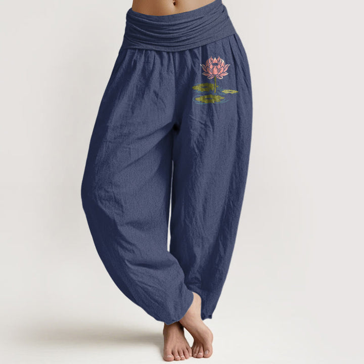 Buddha Stones Pure Cotton  Lotus Flower Leaves Pattern Women's Elastic Waist Harem Pants - DarkSlateBlue - US16，UK/AU20，EU48 (3XL) - image 5