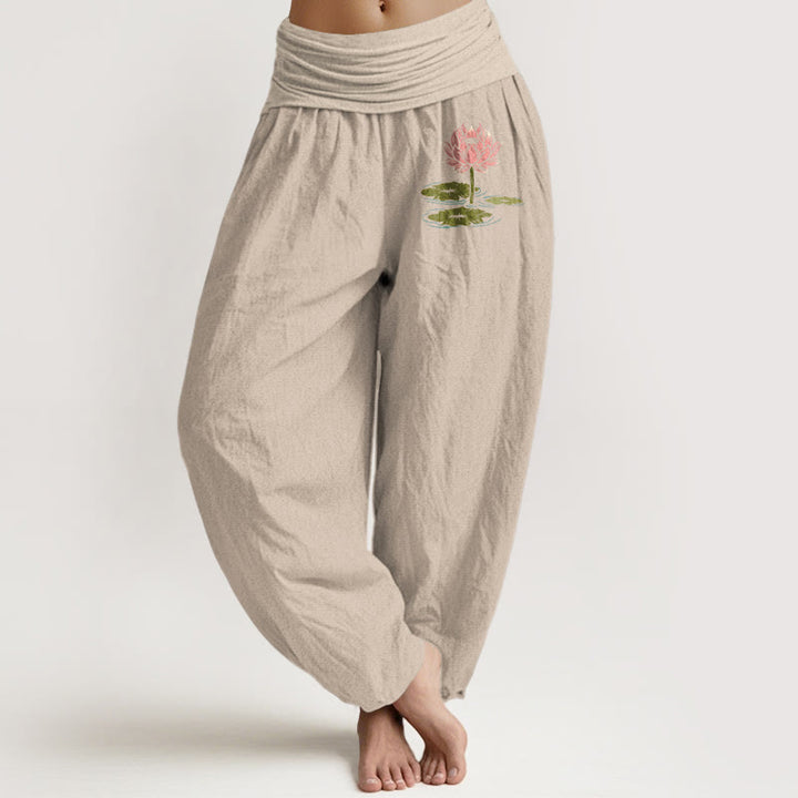 Buddha Stones Pure Cotton  Lotus Flower Leaves Pattern Women's Elastic Waist Harem Pants - Tan - US16，UK/AU20，EU48 (3XL) - image 11