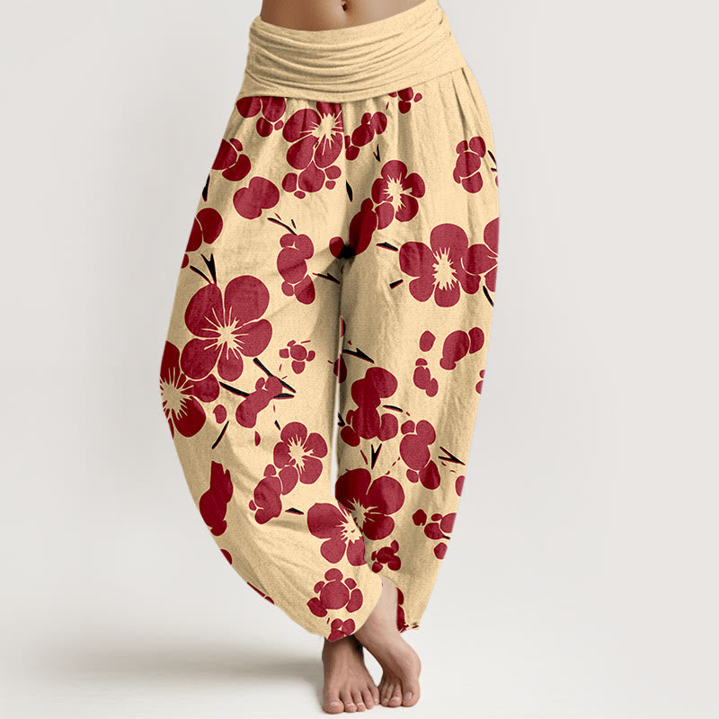Buddha Stones Pure Cotton Blooming Floral Flowers Women's Elastic Waist Harem Pants - Red - US16，UK/AU20，EU48 (3XL) - image 8