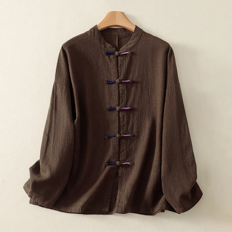 Buddha Stones Plain Chinese Frog-Button Long Sleeve Women's Cotton Zen Clothing Shirt - image 1