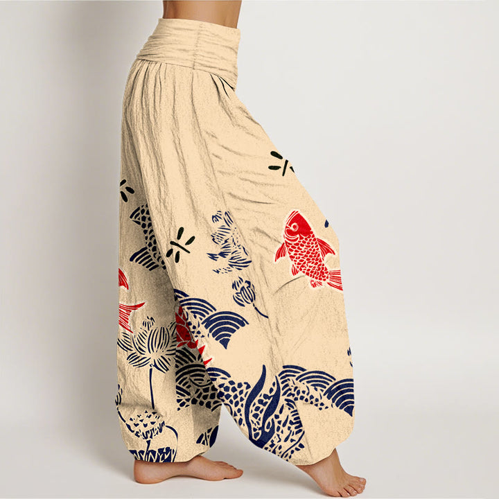 Buddha Stones Pure Cotton Koi Fish Lotus Flowers Ocean Women's Elastic Waist Harem Pants - image 2