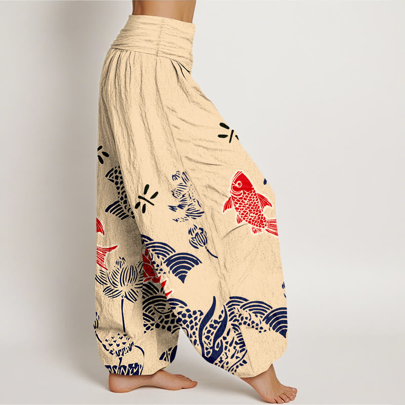 Buddha Stones Pure Cotton Koi Fish Lotus Flowers Ocean Women's Elastic Waist Harem Pants - image 2