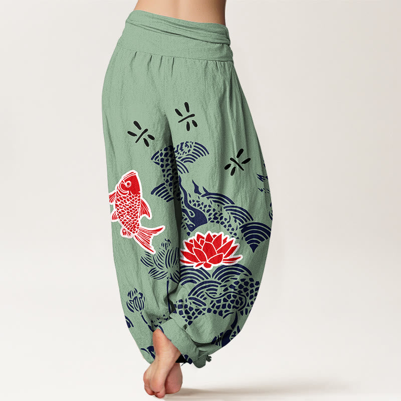 Buddha Stones Pure Cotton Koi Fish Lotus Flowers Ocean Women's Elastic Waist Harem Pants - image 6