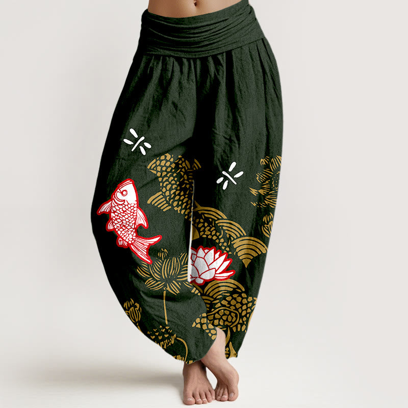 Buddha Stones Pure Cotton Koi Fish Lotus Flowers Ocean Women's Elastic Waist Harem Pants - Black - US16，UK/AU20，EU48 (3XL) - image 8