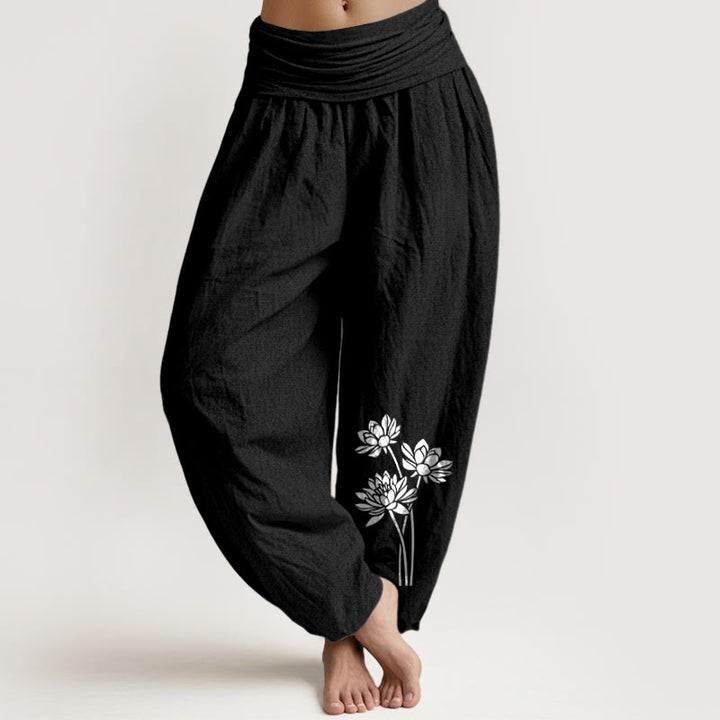 Buddha Stones Casual Three Lotus Flowers Pattern Women's Elastic Waist Harem Cotton Pants - Black - US16，UK/AU20，EU48 (3XL) - image 11