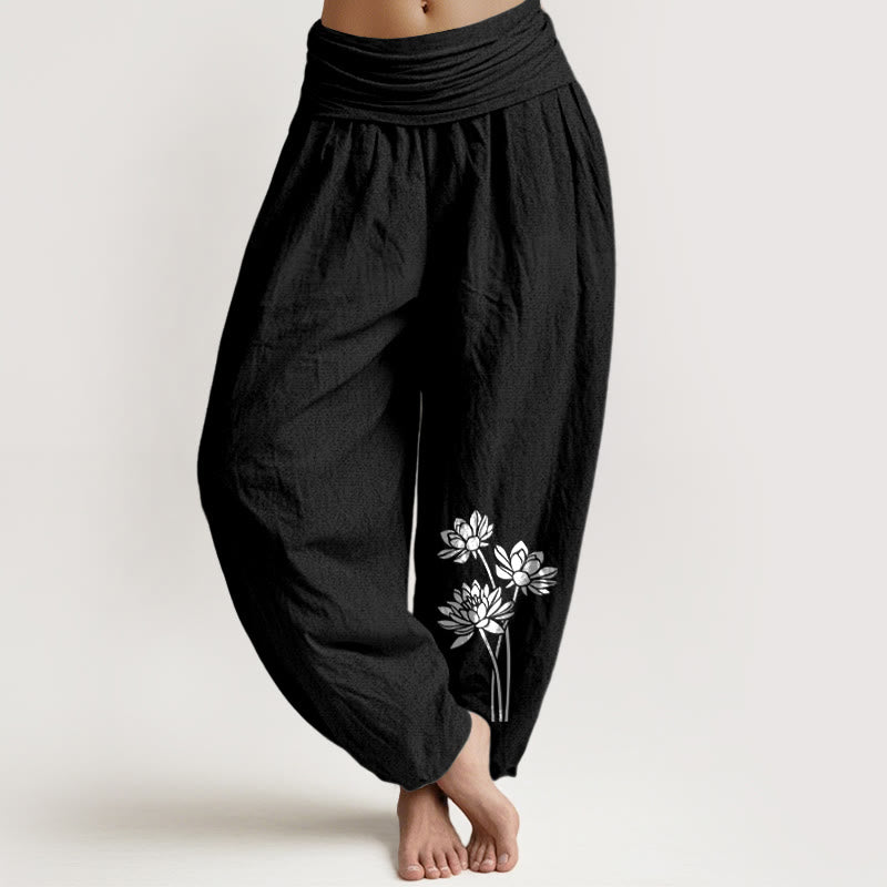Buddha Stones Casual Three Lotus Flowers Pattern Women's Elastic Waist Harem Cotton Pants - Black - US16，UK/AU20，EU48 (3XL) - image 11