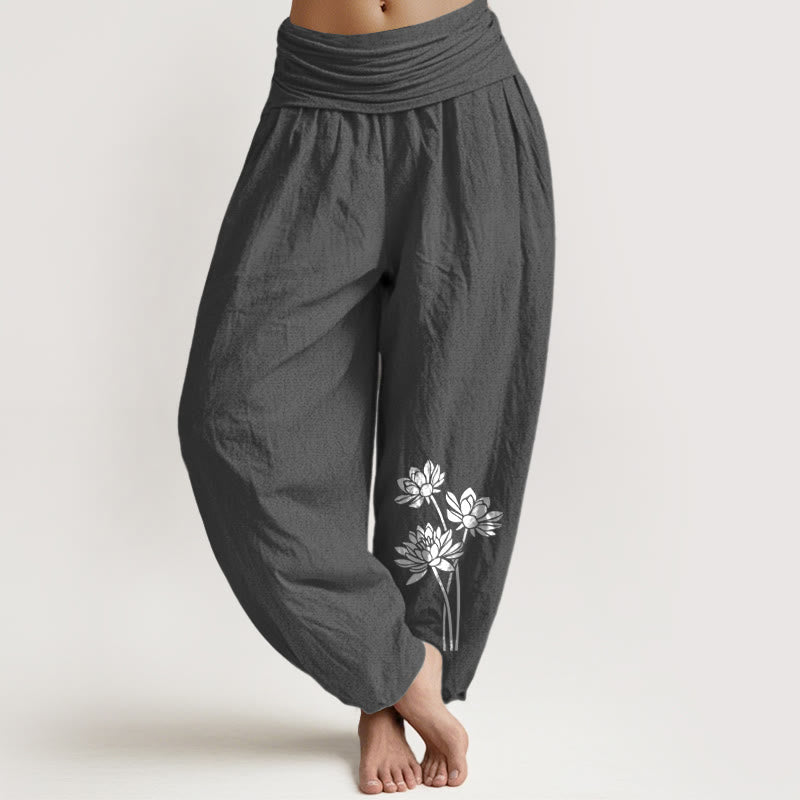 Buddha Stones Casual Three Lotus Flowers Pattern Women's Elastic Waist Harem Cotton Pants - DimGray - US16，UK/AU20，EU48 (3XL) - image 0