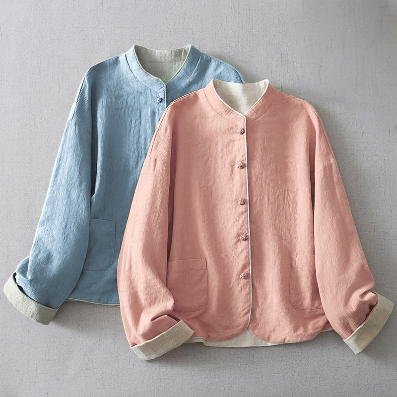 Buddha Stones Women's Plain Jacquard Stand Collar Long Sleeve Cotton Jacket With Pockets - image 9