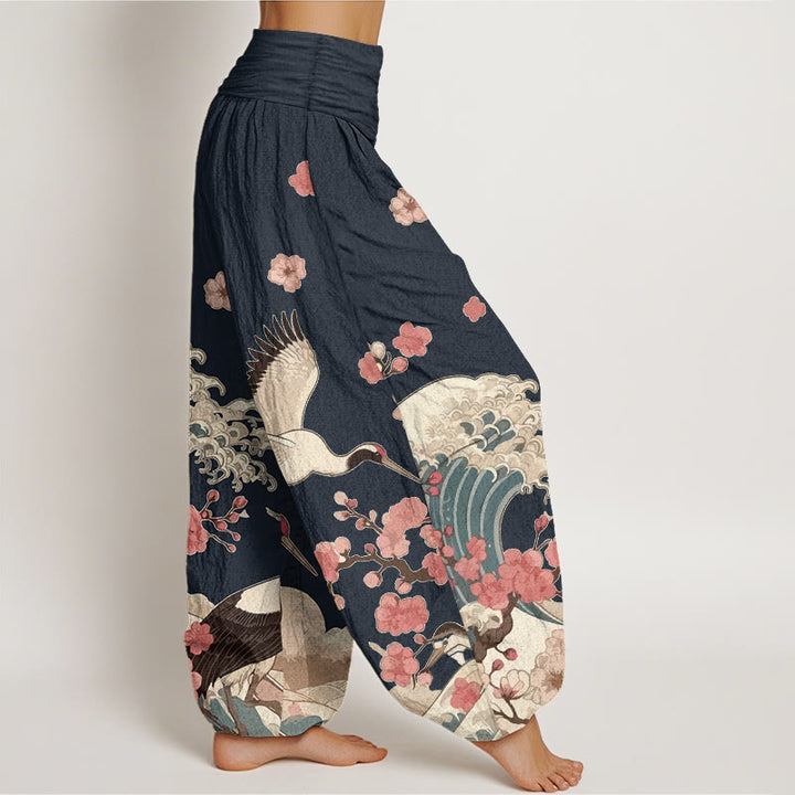 Buddha Stones Pure Cotton Cranes Peach Blossoms Ocean Women's Elastic Waist Harem Pants - image 7