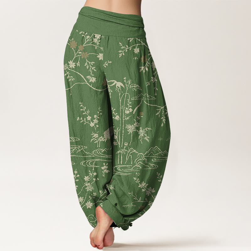 Buddha Stones Crane Floral Tree Branches Pattern Print Women's Elastic Waist Harem Pure Cotton Pants - image 6