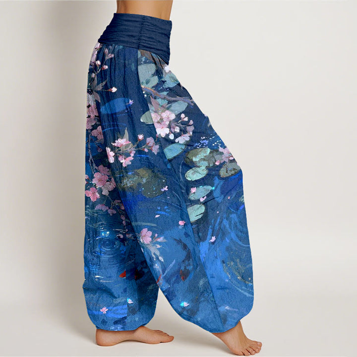 Buddha Stones Pure Cotton Sakura Blossoms Koi Fish Lotus Leaves Women's Elastic Waist Harem Pants - image 10