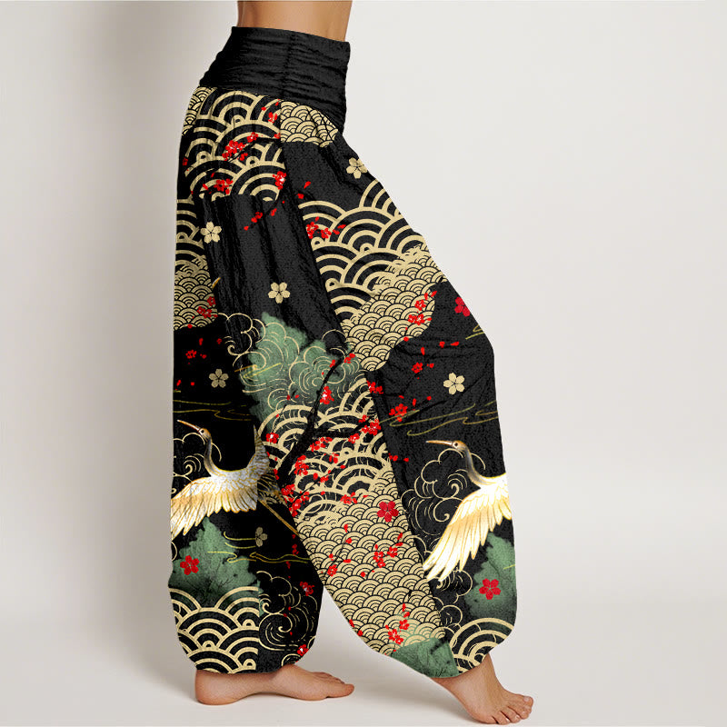 Buddha Stones Print Crane Auspicious Clouds Flowers Pattern Women's Elastic Waist Harem Cotton Pants - image 2