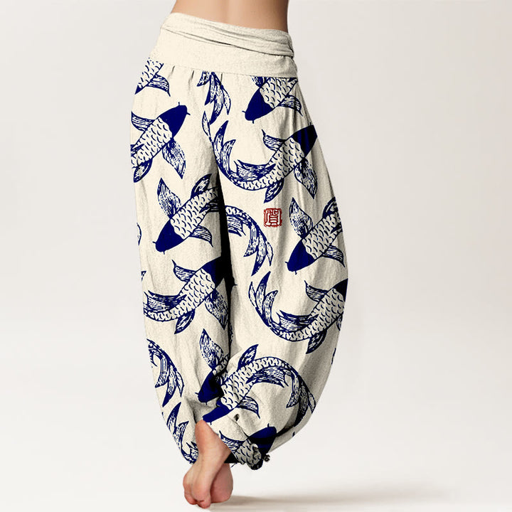 Buddha Stones Pure Cotton Swimming Koi Fish Women's Elastic Waist Harem Pants - image 9