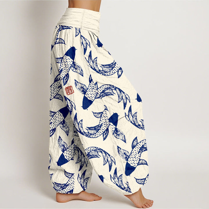 Buddha Stones Pure Cotton Swimming Koi Fish Women's Elastic Waist Harem Pants - image 10