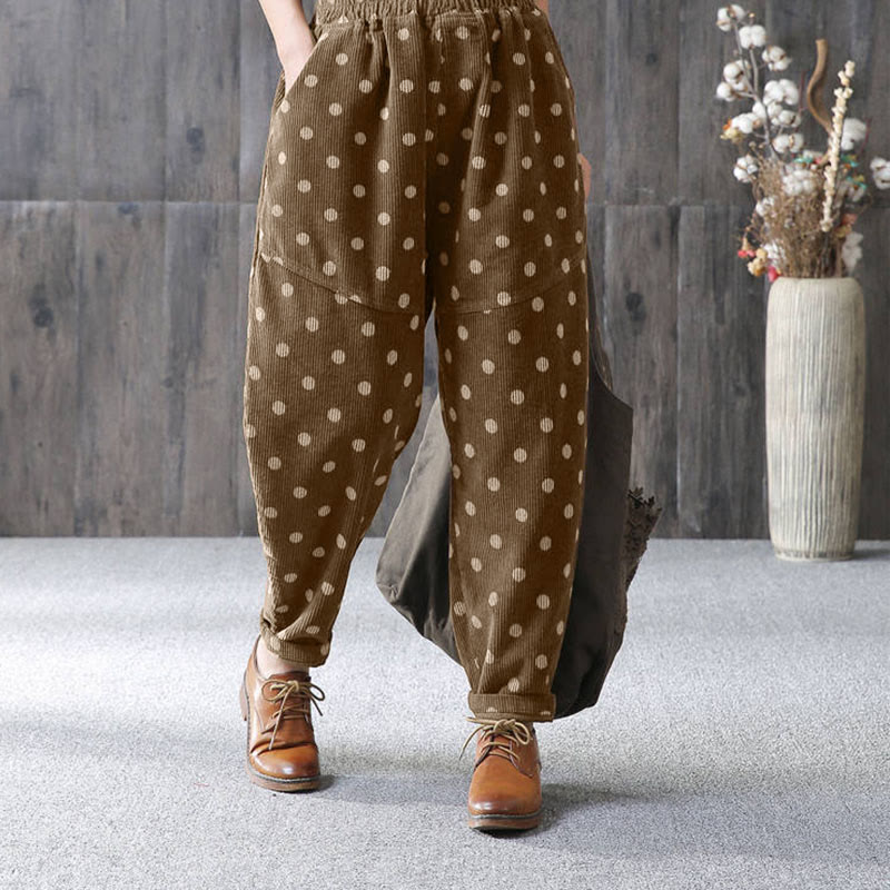 Buddha Stones Women's Fall Commute Printing Dot Pattern Corduroy Harem Pants With Pockets - image 1