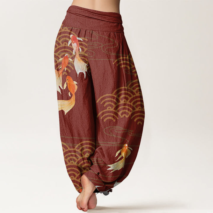 Buddha Stones Pure Cotton Red Koi Fish Fan-shaped Waves Women's Elastic Waist Harem Pants - image 6