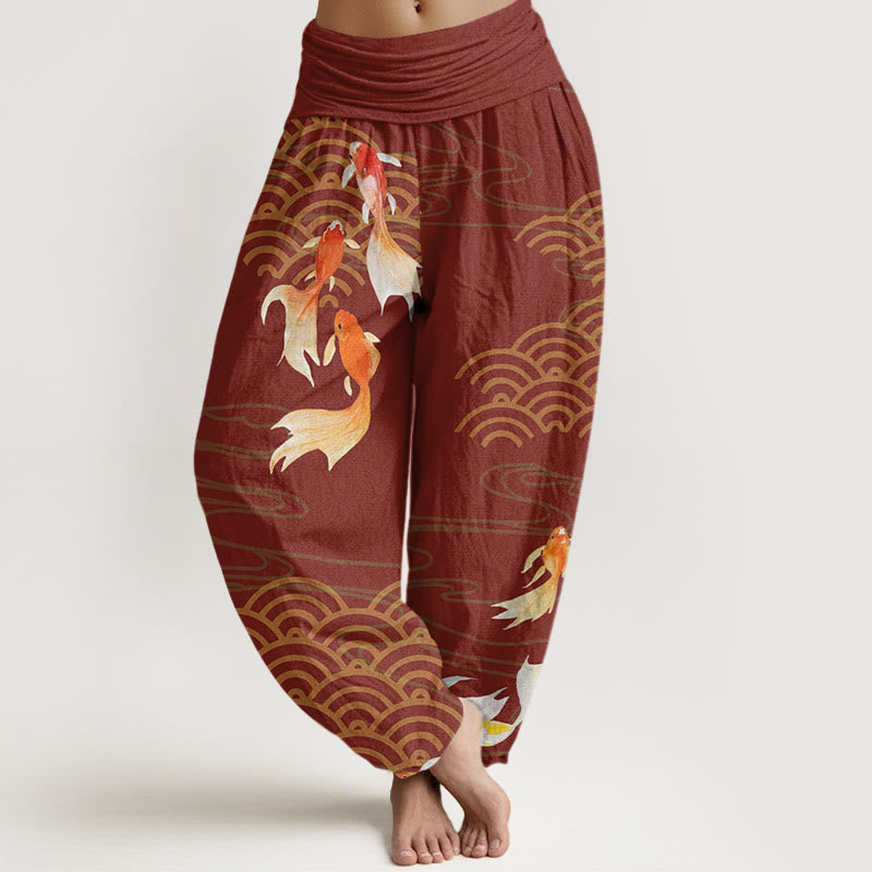 Buddha Stones Pure Cotton Red Koi Fish Fan-shaped Waves Women's Elastic Waist Harem Pants - FireBrick - US16，UK/AU20，EU48 (3XL) - image 5