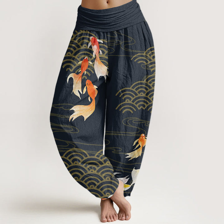 Buddha Stones Pure Cotton Red Koi Fish Fan-shaped Waves Women's Elastic Waist Harem Pants - Black - US16，UK/AU20，EU48 (3XL) - image 8