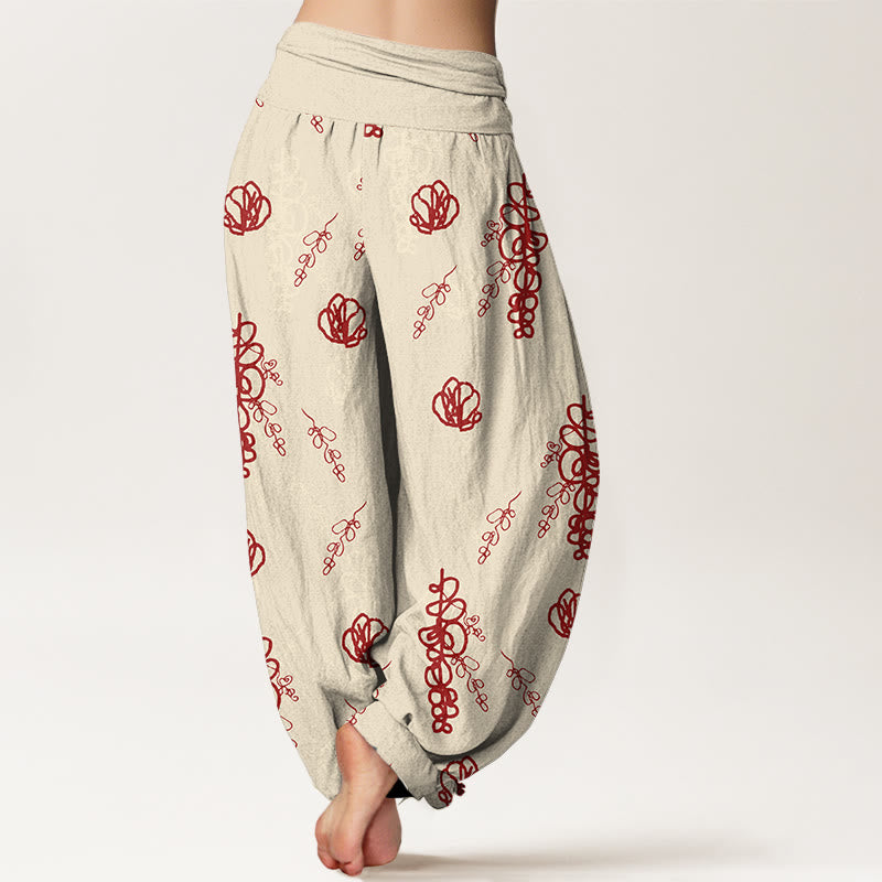 Buddha Stones Print Hand-painted Flowers Branches Pattern Women's Elastic Waist Harem Cotton Pants - image 1