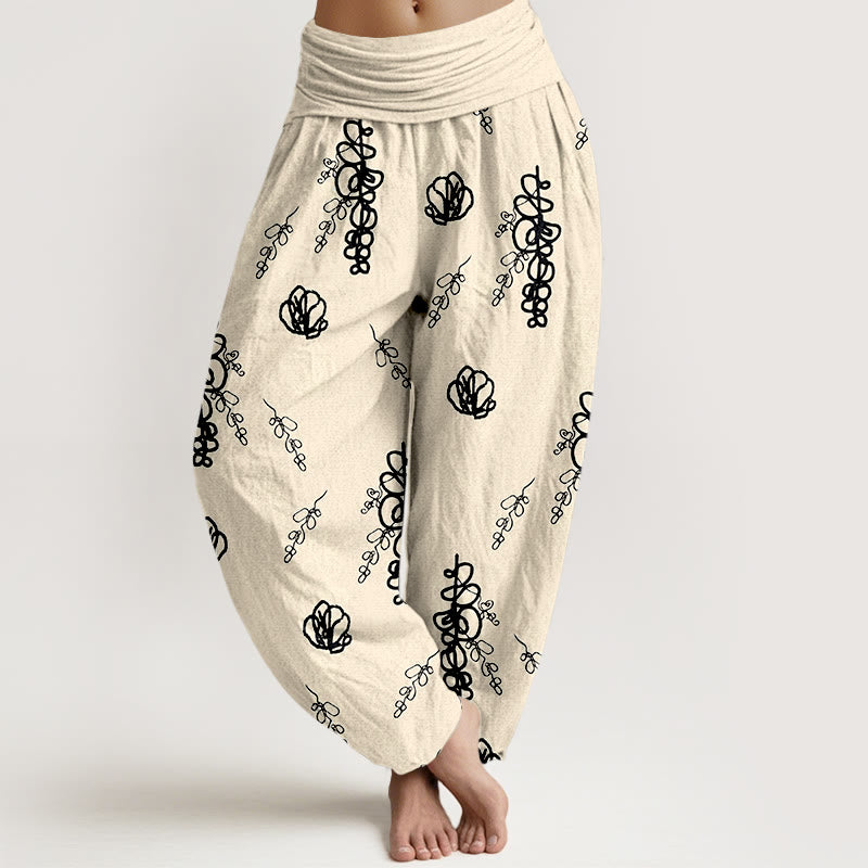 Buddha Stones Print Hand-painted Flowers Branches Pattern Women's Elastic Waist Harem Cotton Pants - Beige & Black - US16，UK/AU20，EU48 (3XL) - image 8