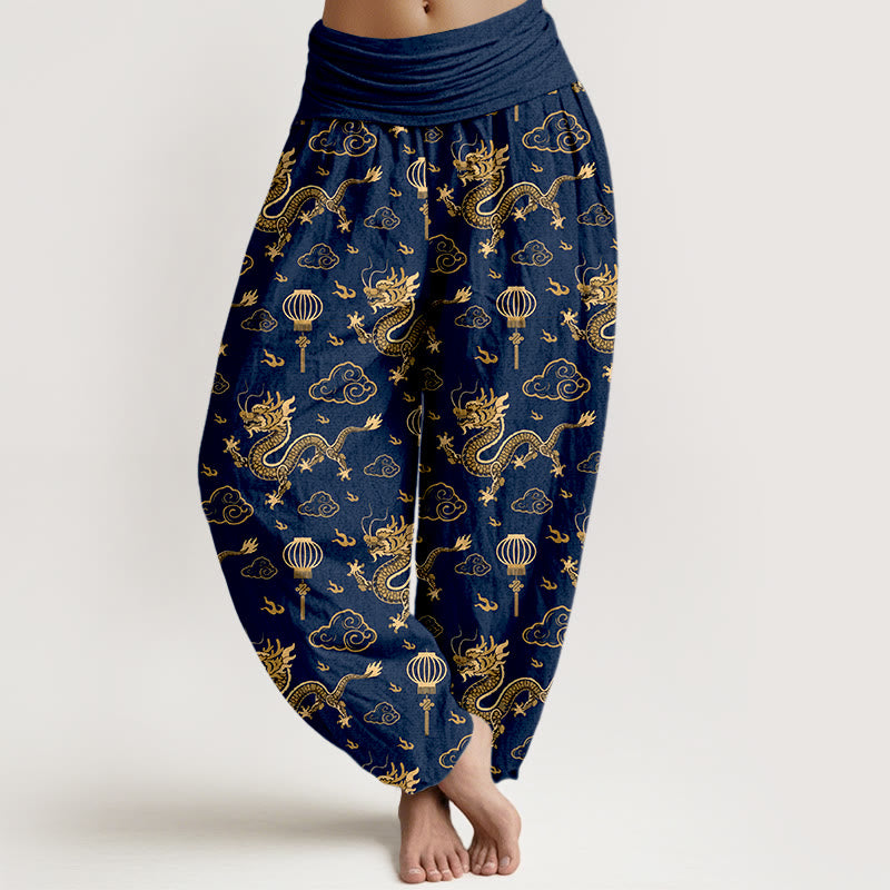 Buddha Stones Print Dragon Auspicious Cloud Lantern Pattern Women's Elastic Waist Harem Cotton Pants - MidnightBlue - US16，UK/AU20，EU48 (3XL) - image 5