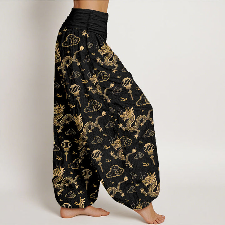 Buddha Stones Print Dragon Auspicious Cloud Lantern Pattern Women's Elastic Waist Harem Cotton Pants - image 10
