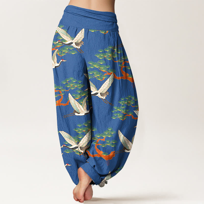 Buddha Stones Print Pine Tree Crane Pattern Pure Cotton Women's Elastic Waist Harem Pants - image 1