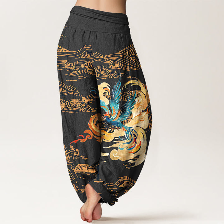 Buddha Stones Phoenix Mountains Landscape Pattern Women's Elastic Waist Harem Pure Cotton Pants - image 1