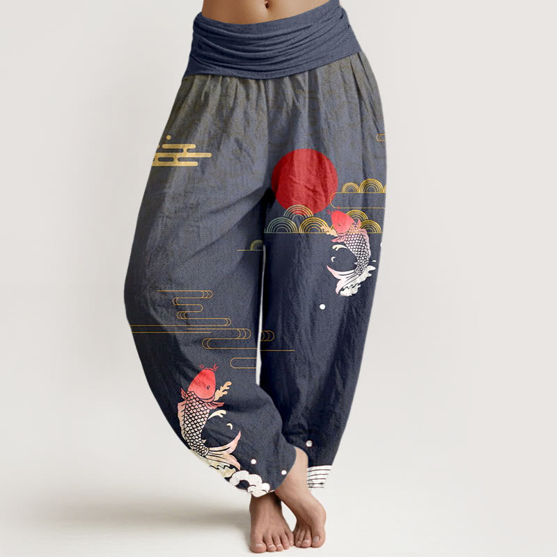 Buddha Stones Koi Fish Red Sun Waves Clouds Pattern Women's Elastic Waist Harem Pure Cotton Pants - LightSlateGray - US16，UK/AU20，EU48 (3XL) - image 0