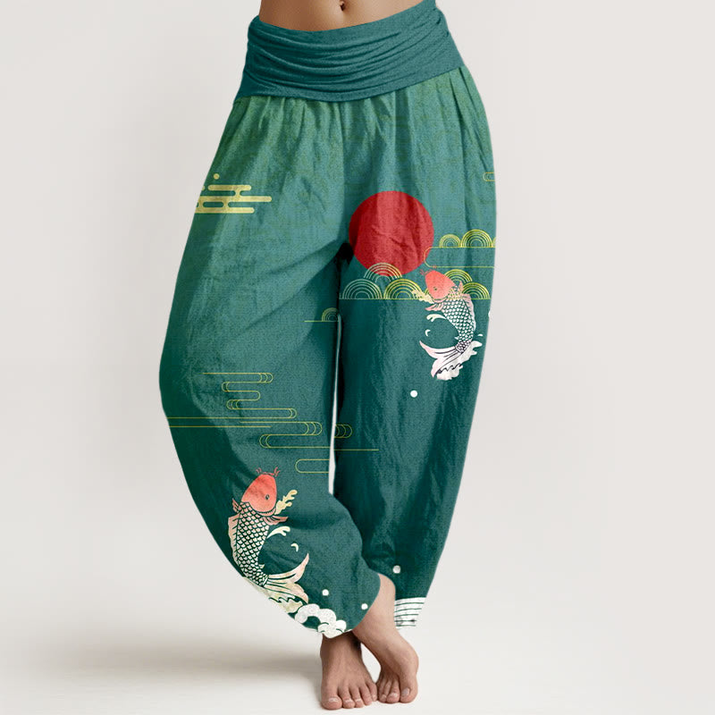 Buddha Stones Koi Fish Red Sun Waves Clouds Pattern Women's Elastic Waist Harem Pure Cotton Pants - DarkCyan - US16，UK/AU20，EU48 (3XL) - image 8