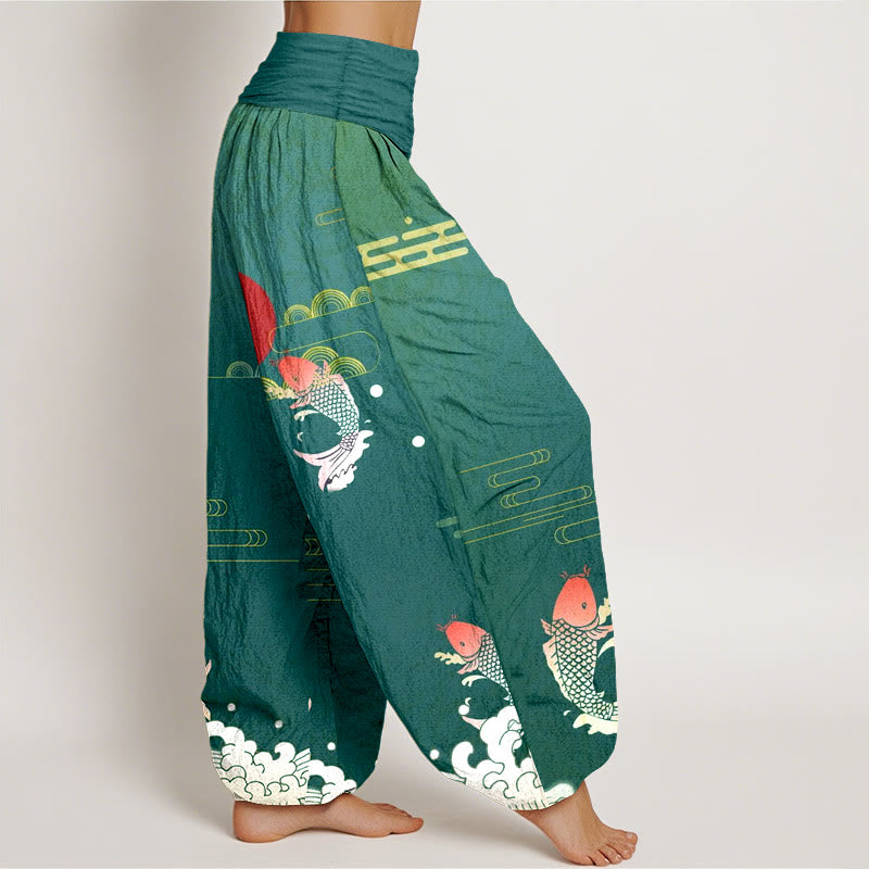 Buddha Stones Koi Fish Red Sun Waves Clouds Pattern Women's Elastic Waist Harem Pure Cotton Pants - image 10