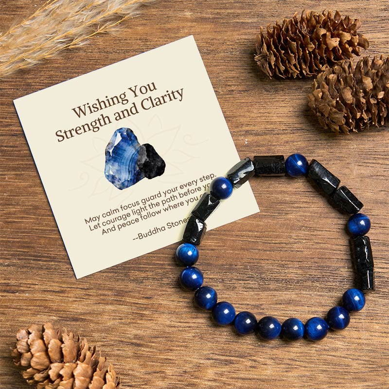 Buddha Stones "Wishing You Strength and Clarity" Blue Tiger Eye Bracelet Includes Gift Message Card - Blue Tiger Eye Black Tourmaline(Wrist Circumference: 14-16cm) - Standard Gift Box - image 0