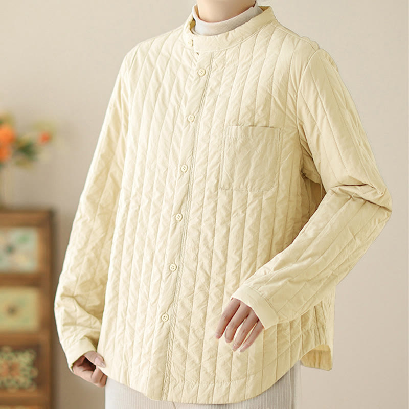 Buddha Stones Women's Stand Collar Simple Design Long Sleeve Thermal Cotton Jacket With Pocket - image 7