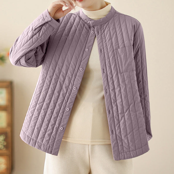 Buddha Stones Women's Stand Collar Simple Design Long Sleeve Thermal Cotton Jacket With Pocket - image 2