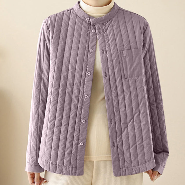 Buddha Stones Women's Stand Collar Simple Design Long Sleeve Thermal Cotton Jacket With Pocket - image 1