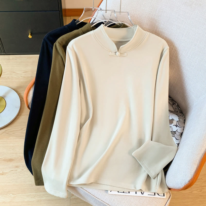 Buddha Stones Spring Solid Color Stand Collar Frog-button Design Women's Cotton Long Sleeve Shirt - AntiqueWhite - US8-10，UK/AU12-14，EU40-42 (2XL) - image 0