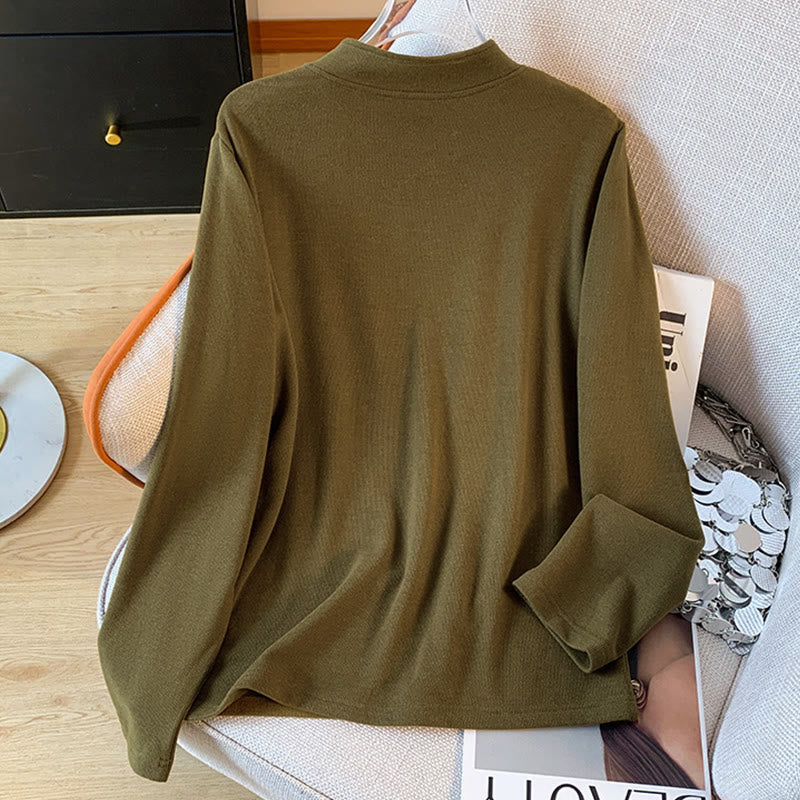 Buddha Stones Spring Solid Color Stand Collar Frog-button Design Women's Cotton Long Sleeve Shirt - image 15