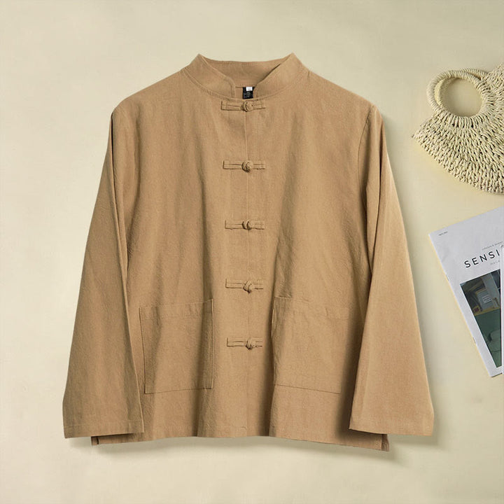 Buddha Stones Ethnic Frog-Button Long Sleeve Stand Collar Women's Cotton Shirt With Pockets - DarkGoldenrod - US12，UK/AU16，EU44 (2XL) - image 0