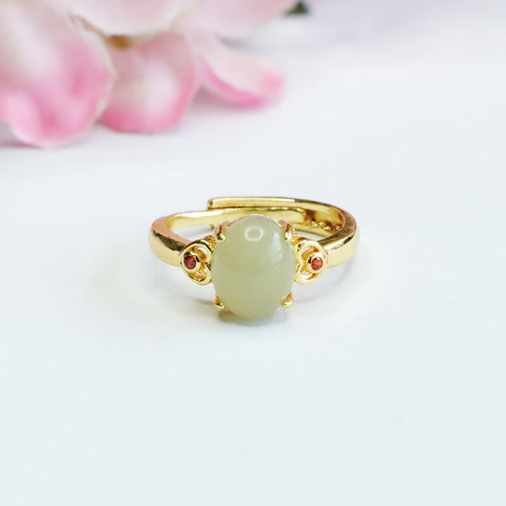 Buddha Stones Natural Hetian Jade Egg Heart-shaped Copper Luck Open Ring - image 9
