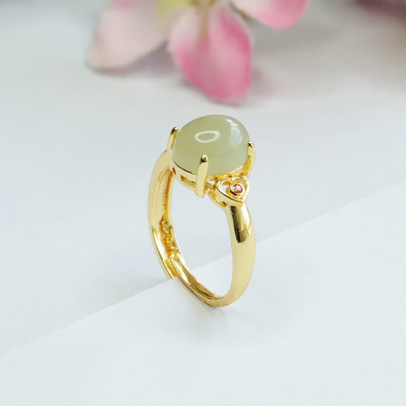 Buddha Stones Natural Hetian Jade Egg Heart-shaped Copper Luck Open Ring - image 10