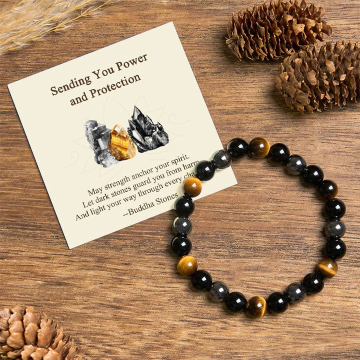 Buddha Stones "Sending You Power and Protection" Tiger's Eye Bracelet Includes Gift Message Card - Yellow Tiger Eye Obsidian Hematite(Wrist Circumference: 14-18cm) - Standard Gift Box - image 0