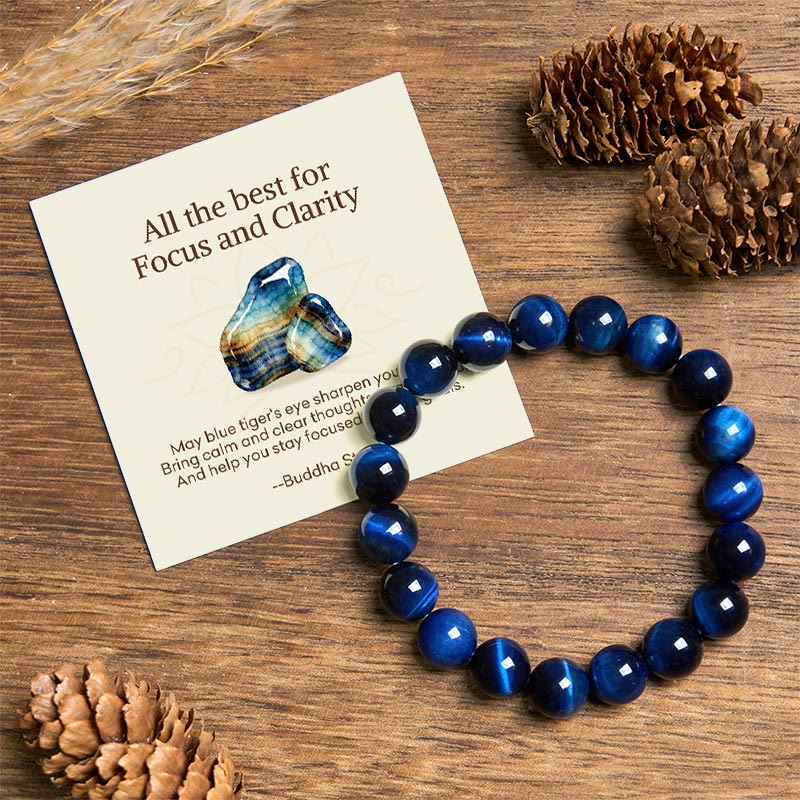 Buddha Stones "All the best for Focus and Clarity" Tiger Eye Bracelet Includes Gift Message Card - Blue Tiger Eye(Wrist Circumference: 14-16cm) - 12mm - Standard Gift Box - image 0