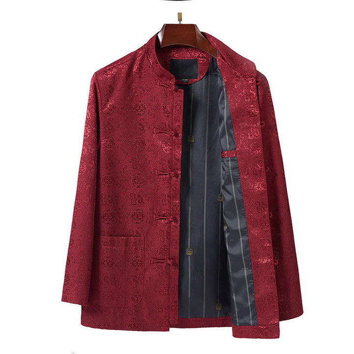 Buddha Stones Embroidery Pattern Stand Collar Long Sleeve Men's Tang Suit Jacket With Pockets - image 2