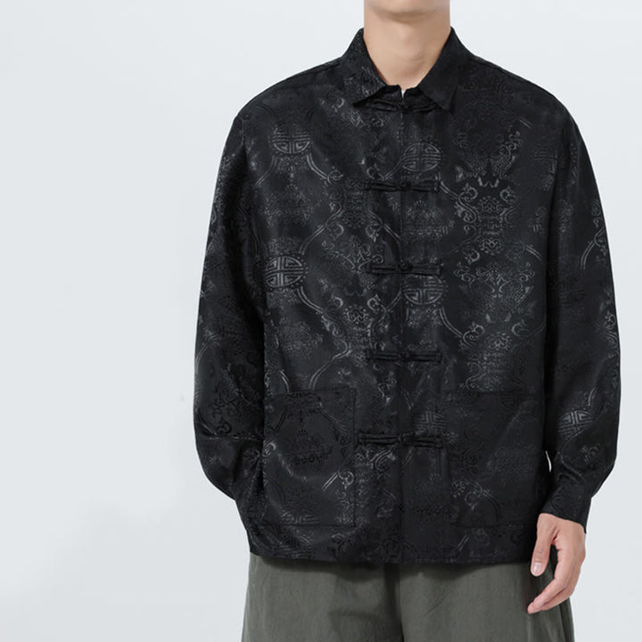 Buddha Stones Spring Jacquard Lapel Long Sleeve Men's Tang Suit Frog-Button Jacket With Pockets - image 11